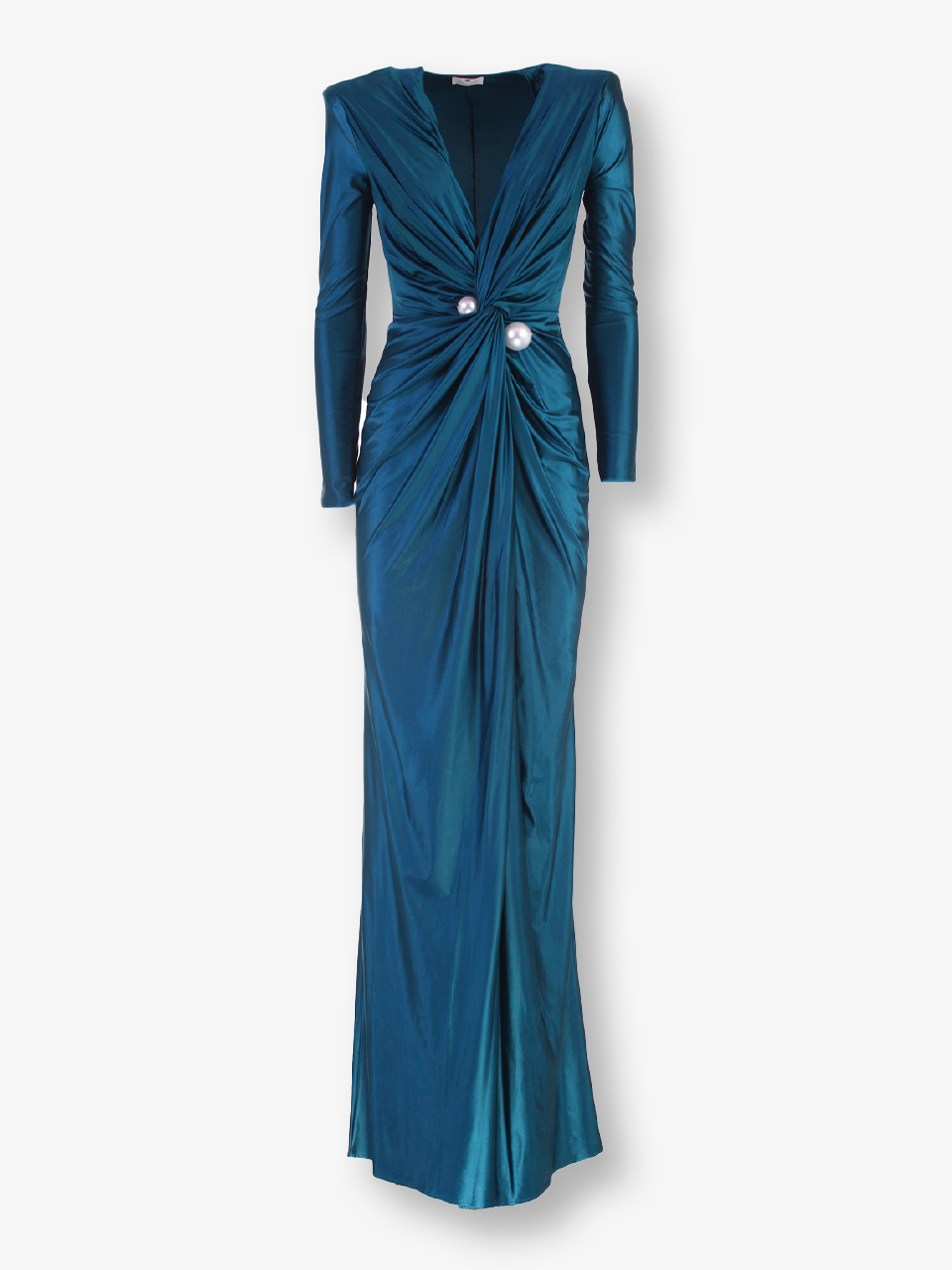 Tied Waist Shoulder Pad Evening Gown